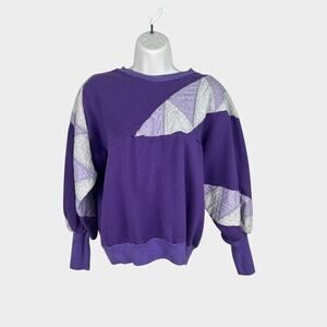 80s purple crew neck sweatshirt patchwork floral altered balloon sleeves M/L